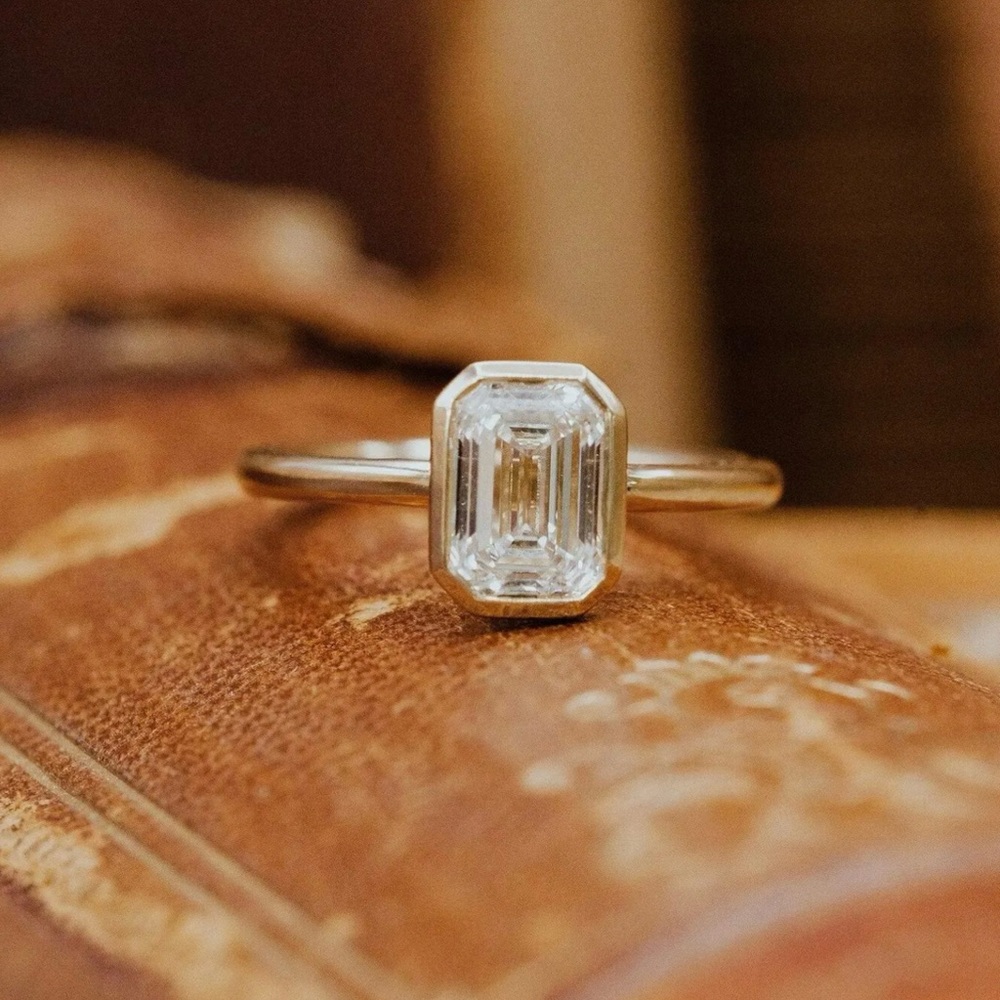 Stunning Gold Over-Lay Moissanite Ring with Emerald-Cut Stone Size 5